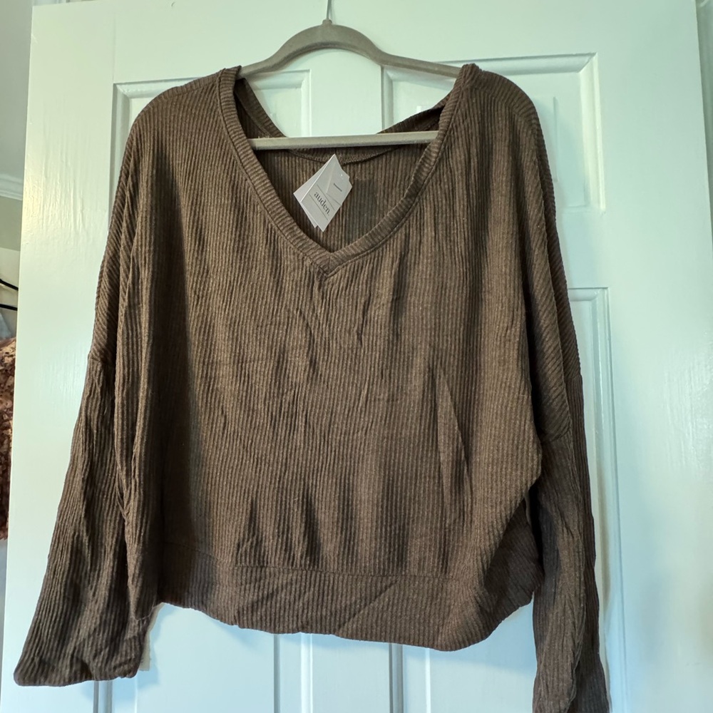 Auden Chocolate Ribbed V-Neck Blouse